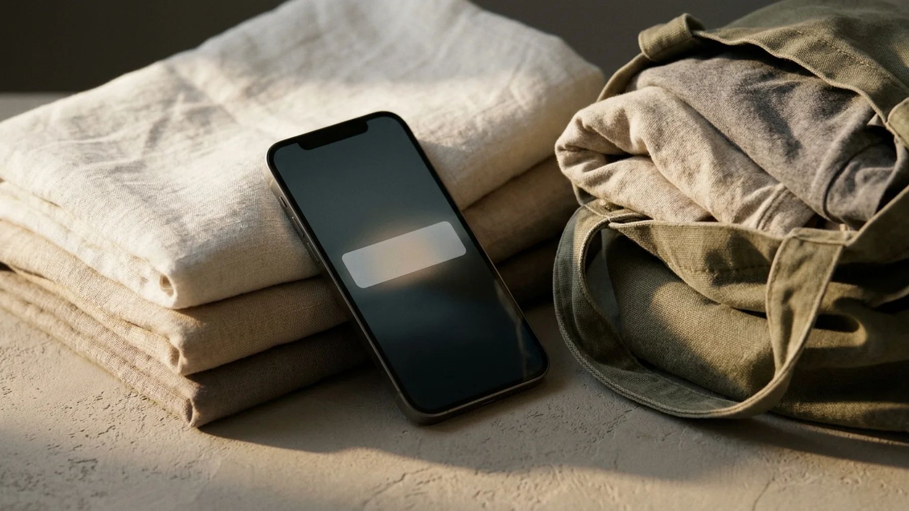 Phone propped against a fabric surface showing a cart reminder notification on a lock screen, with a half-filled shopping bag nearby
