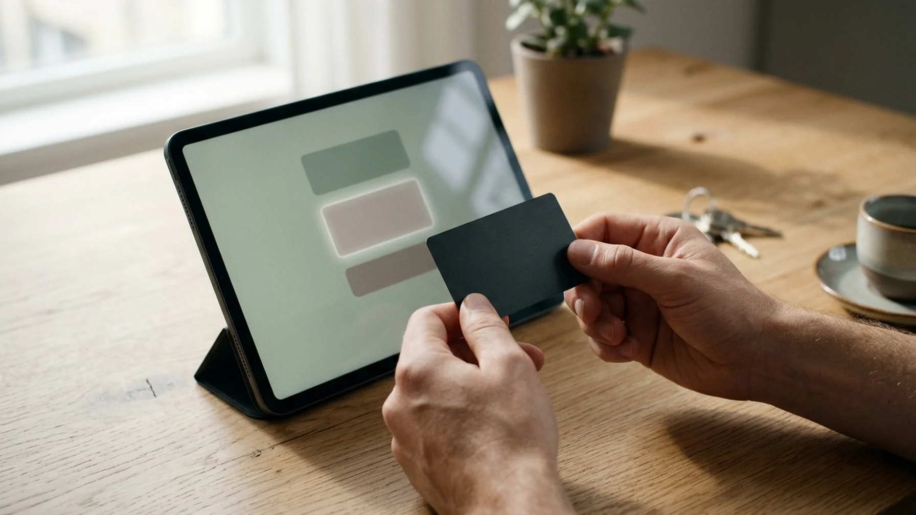 Close view of hands entering card details on a tablet at a kitchen table, card held beside the screen, morning light across the surface