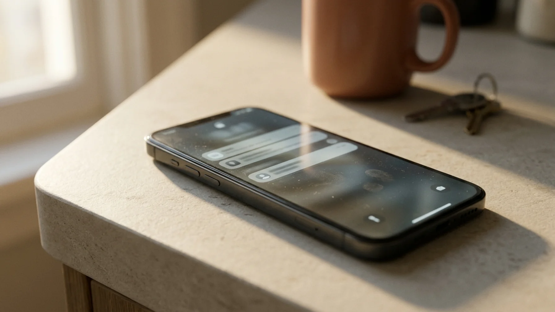 Smartphone on a kitchen counter showing a cart reminder notification screen, coffee mug and keys nearby, morning light across the surface